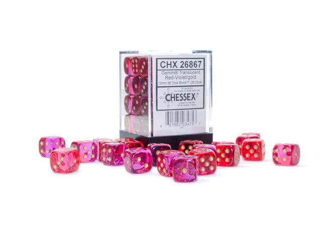 CHX26867: Gemini - 12mm D6 Translucent Red-Violet w/gold (36)