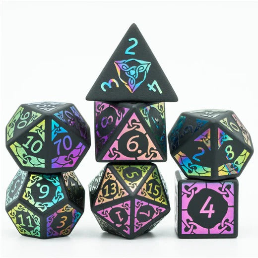 Obsidian and Rainbow Flourish Gemstone Dice Set