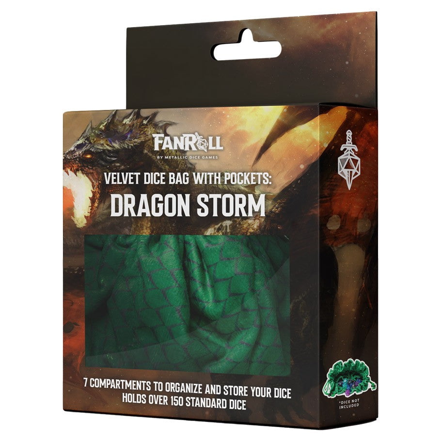Fanroll by MDG: Dragon Storm - Velvet Dice Bag w/ Pockets: Green Drago
