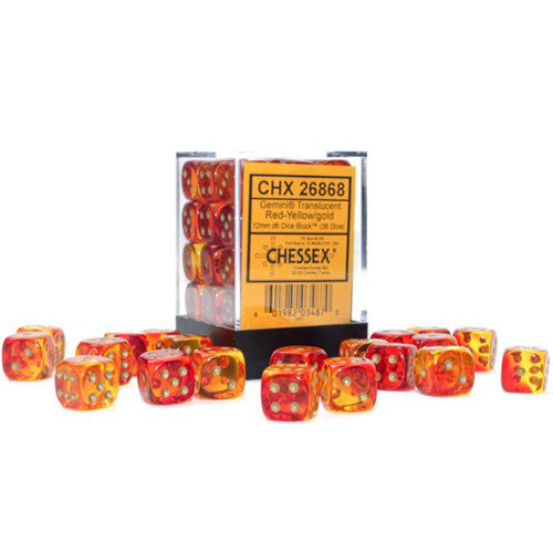CHX26868: Gemini - 12mm D6 Translucent Red-Yellow w/gold (36)