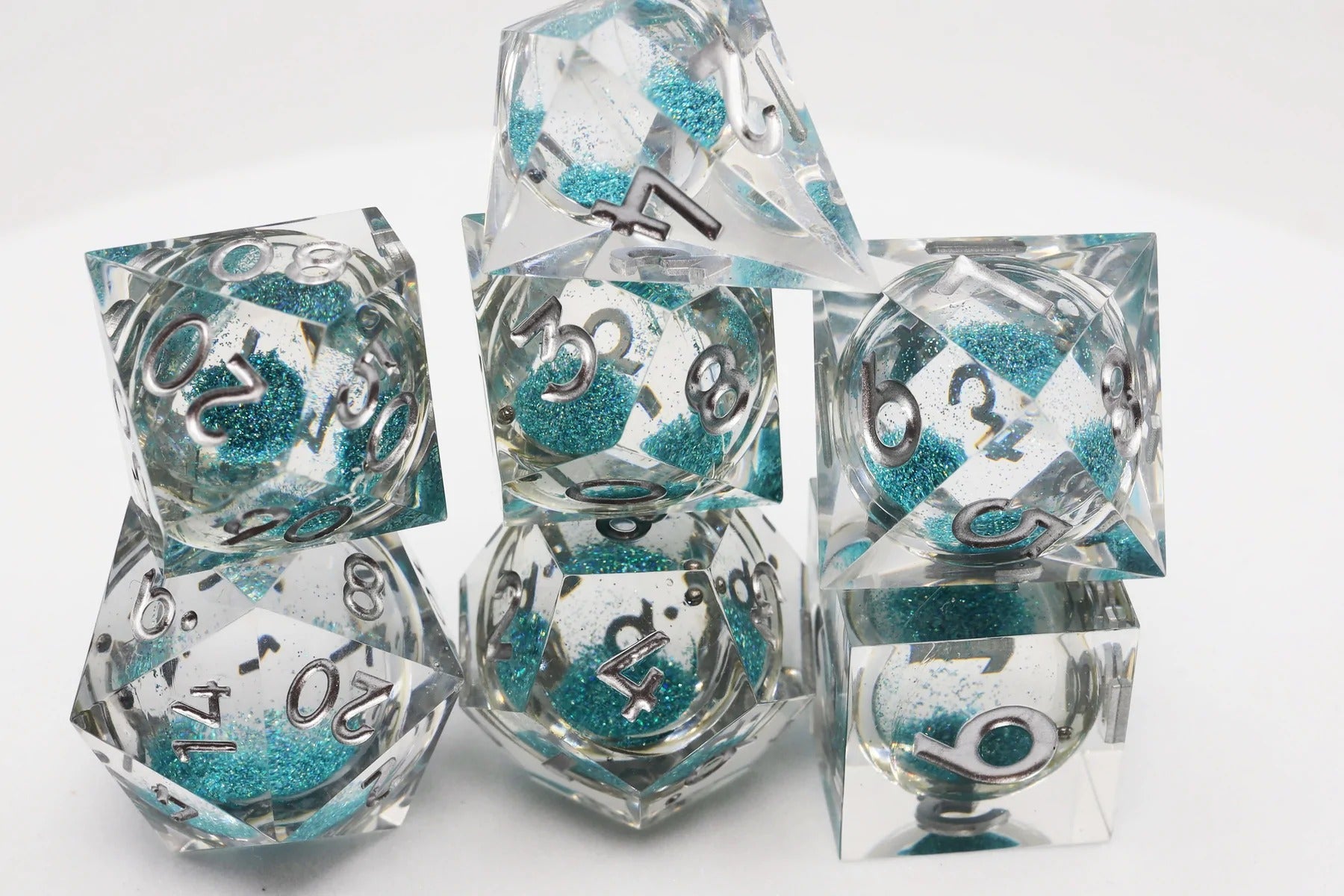 Sky Blue Liquid Core Sharp Edge Resin RPG Dice Set