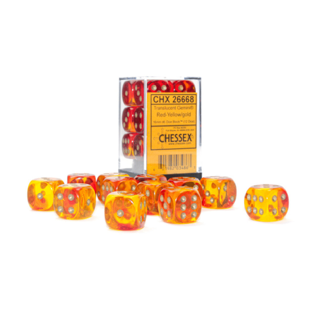 CHX26668: Gemini - 16mm D6 Translucent Red-Yellow w/gold (12)