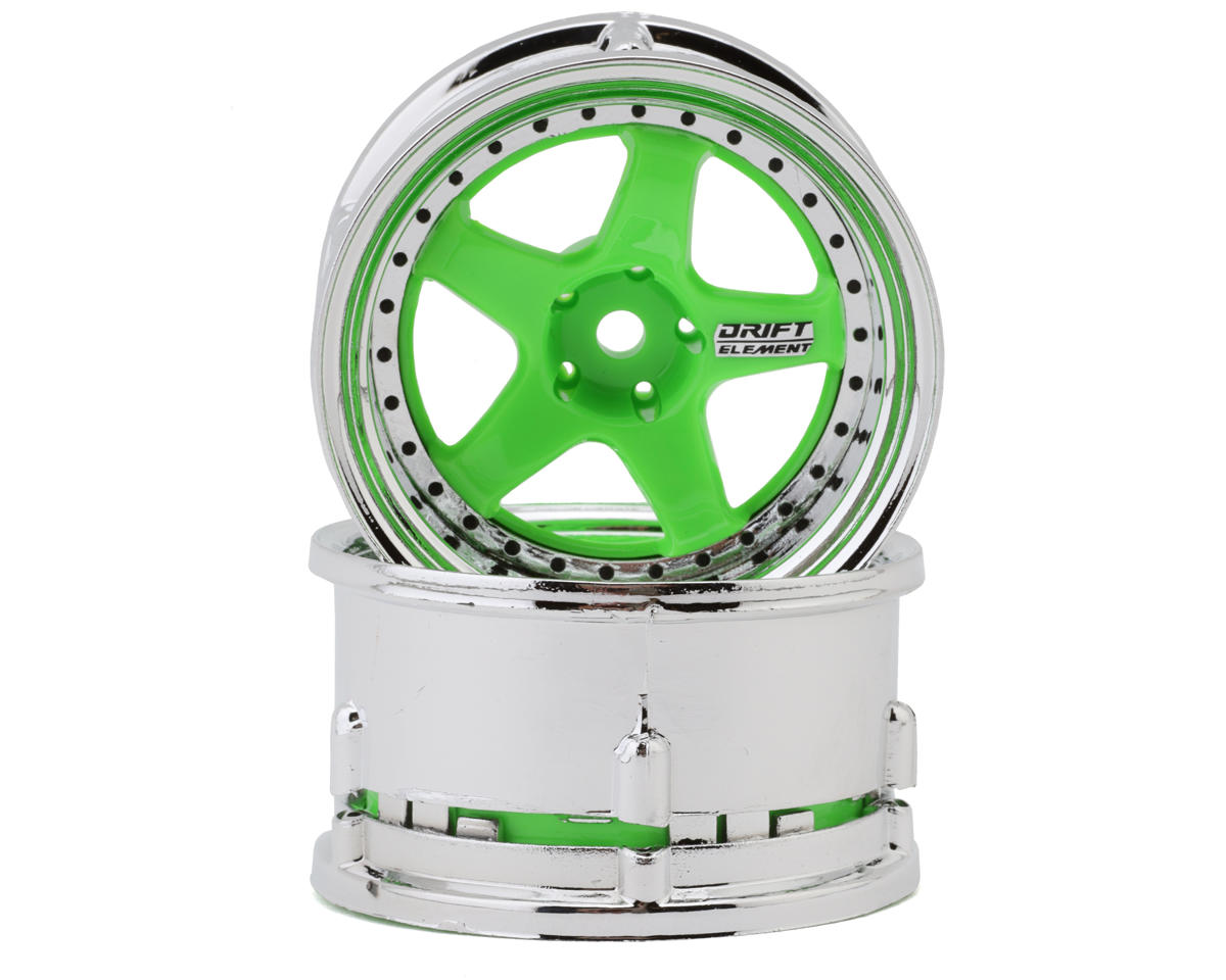 DS Racing Drift Element 5 Spokes Drift Wheel (Flu Green/Chrome Lip/Black Rivet) (Adjustable Offset) (2) w/12mm Hex