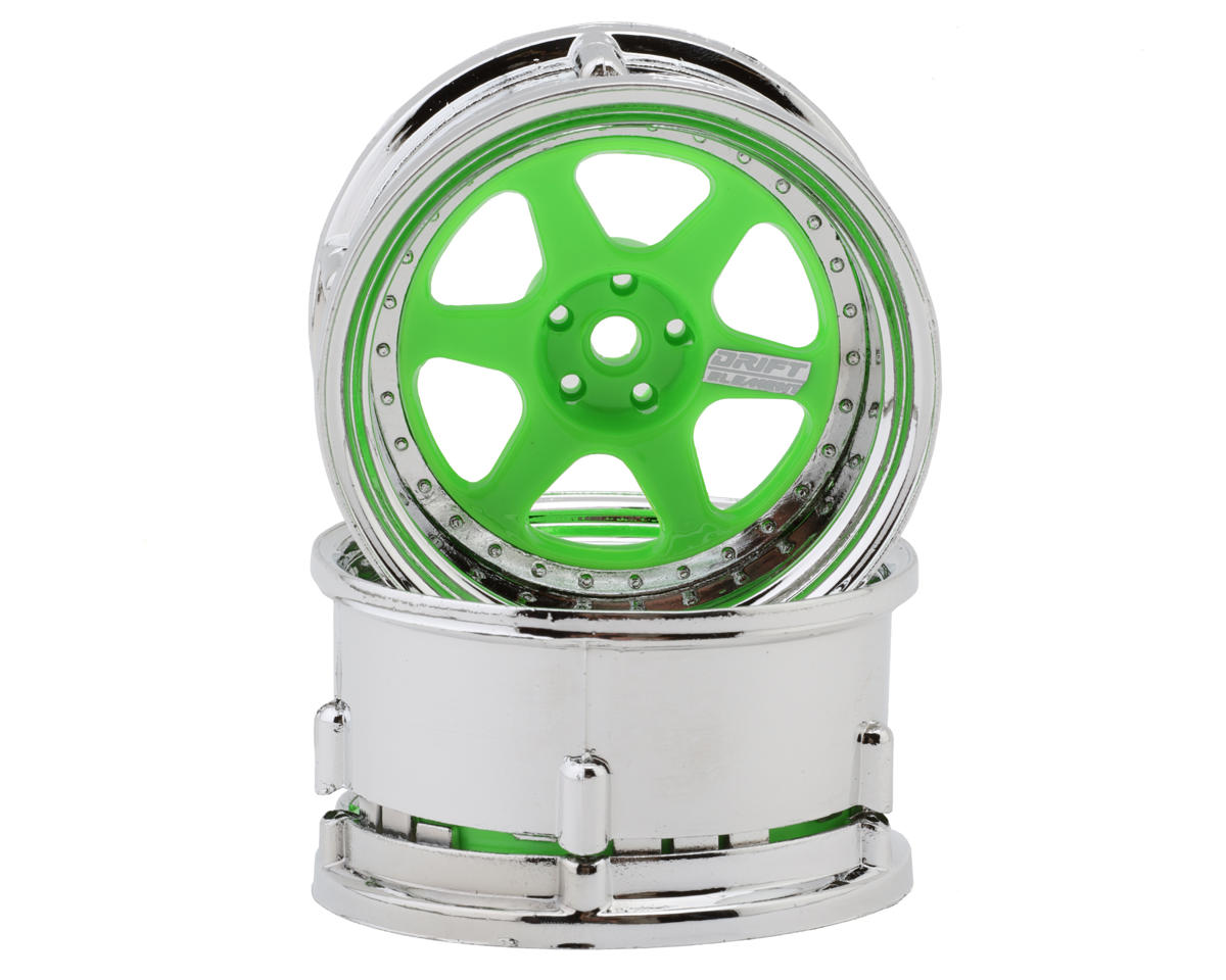 DS Racing Drift Element 6 Spokes Drift Wheel (Flu Green/Chrome Lip & Rivets) (Adjustable Offset) (2) w/12mm Hex
