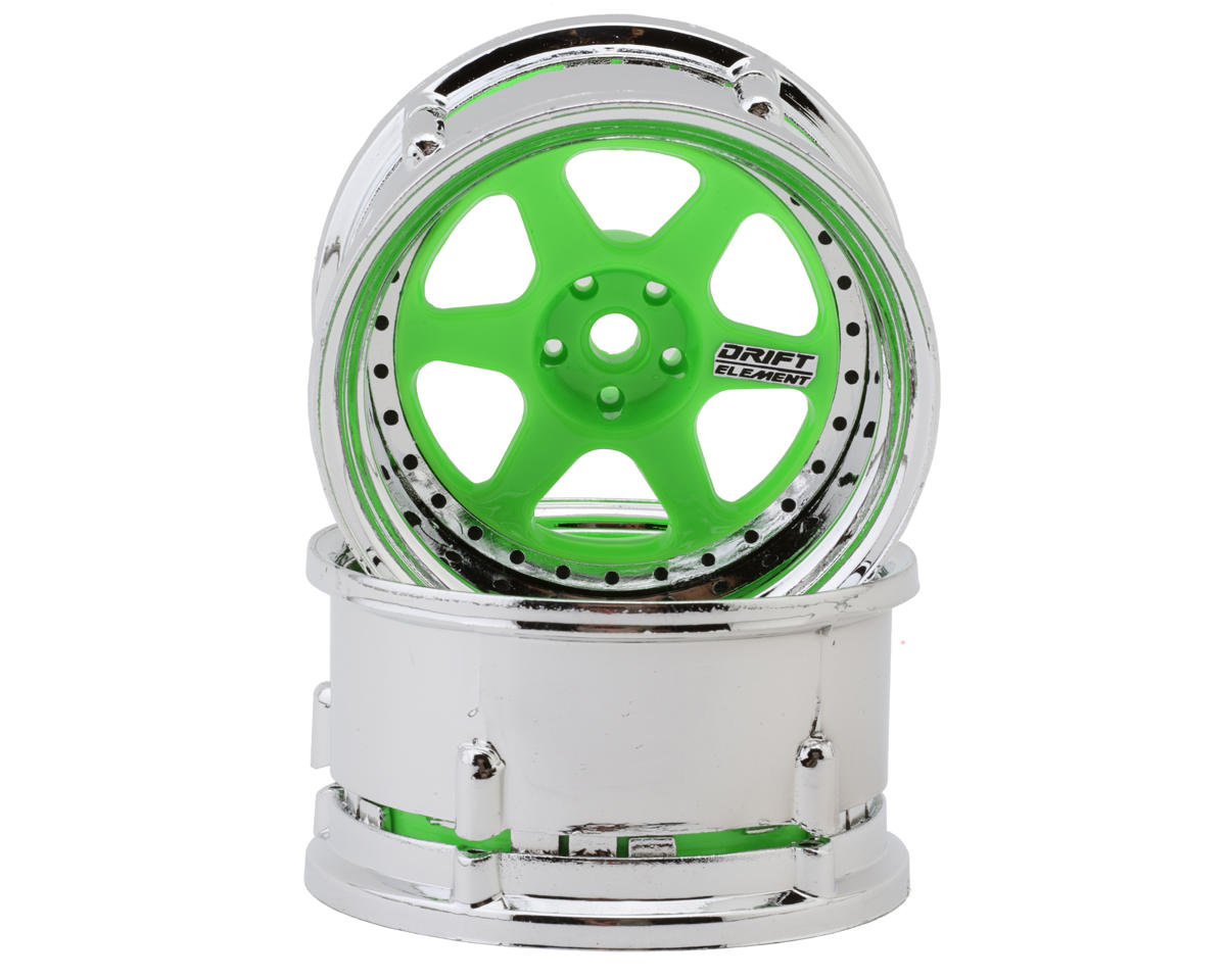 DS Racing Drift Element 6 Spokes Drift Wheel (Flu Green/Chrome Lip/Black Rivet) (Adjustable Offset) (2) w/12mm Hex