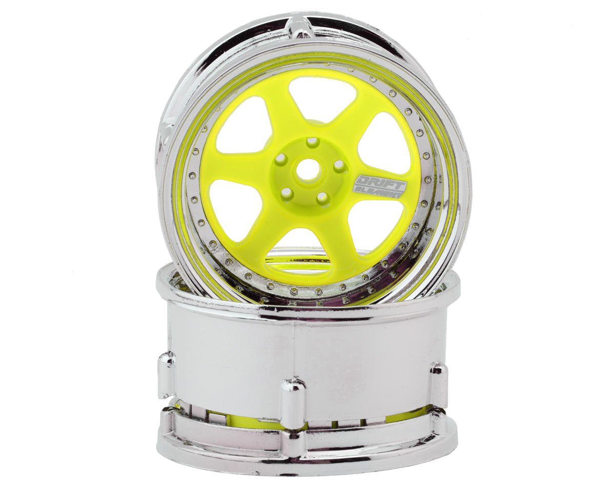 DS Racing Drift Element 6 Spokes Drift Wheel (Flu Yellow/Chrome Lip & Rivets) (Adjustable Offset) (2) w/12mm Hex
