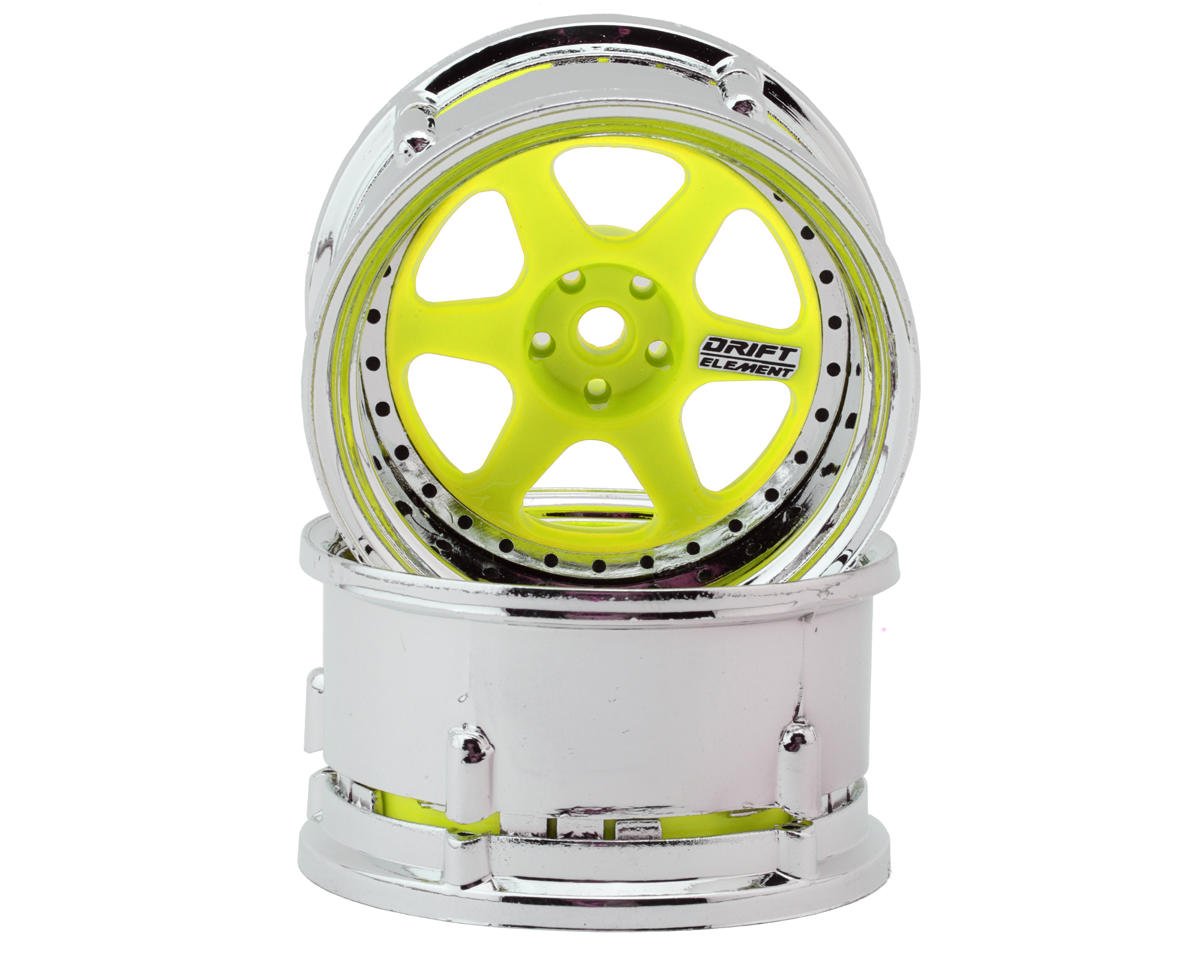 DS Racing Drift Element 6 Spokes Drift Wheel (Flu Yellow/Chrome Lip/Black Rivet) (Adjustable Offset) (2) w/12mm Hex