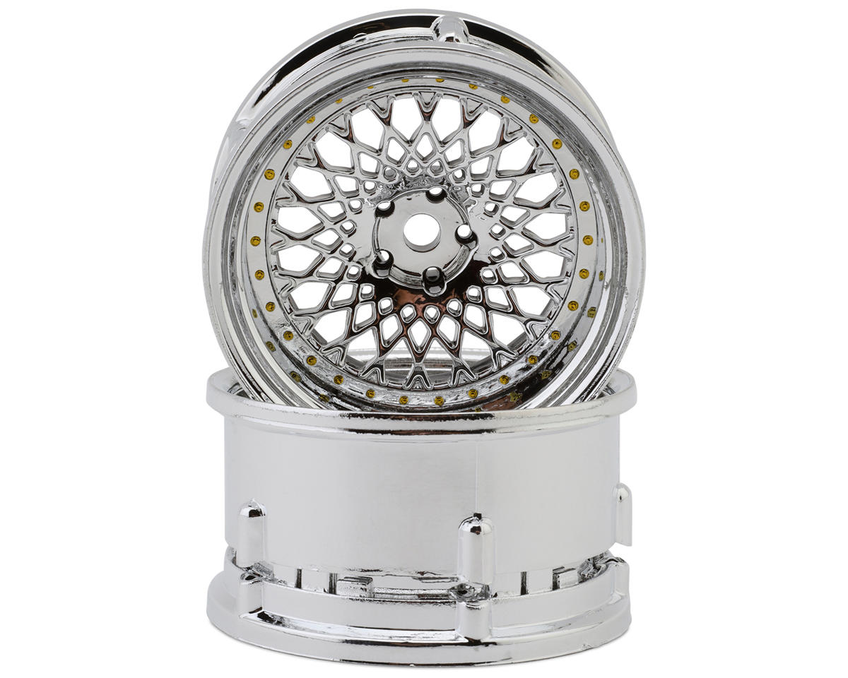 DS Racing Element Mesh Drift Wheels (Tri Chrome w/Gold Rivets) (2) (Adjustable Offset) (2) w/12mm Hex