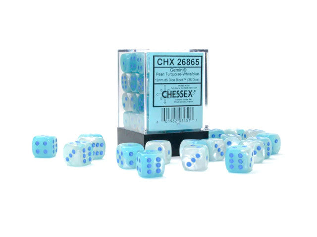 CHX26865: Gemini - 12mm D6 Pearl Turquoise-White w/blue (Luminary) (36