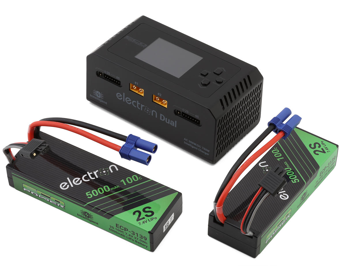 EcoPower Intelligent 2x2S 5000mAh EC5 LiPo Batteries/"Electron Dual" Charger Bundle (7.4V/100C) (AC-300W) (DC-350W x2)