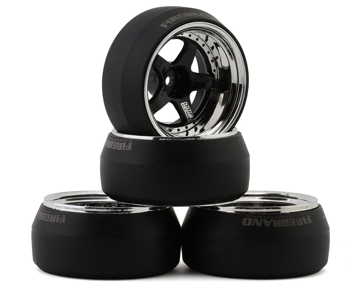 Firebrand RC Element-DSR 1/10 Drift Wheel Kit w/HDPE Tires (Black/Chrome) (4) (5 Degree) w/12mm Hex