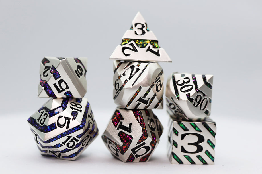 Into the Mines: Platinum with Rainbow Mica - Metal RPG Dice Se