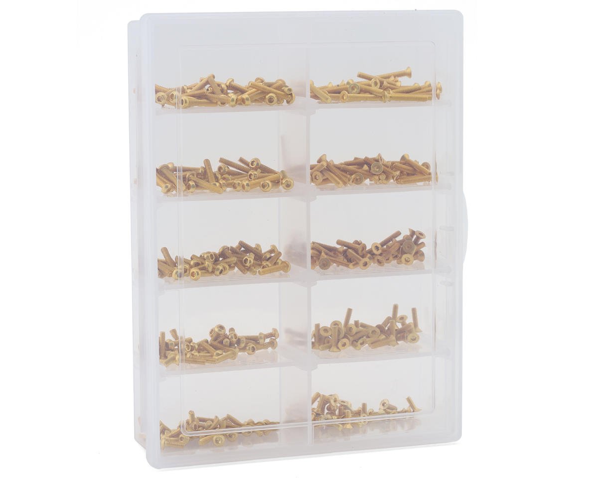 Samix Carbon Steel M2 Button & Flat Head Screw Set (Gold) (350) w/Plastic Box