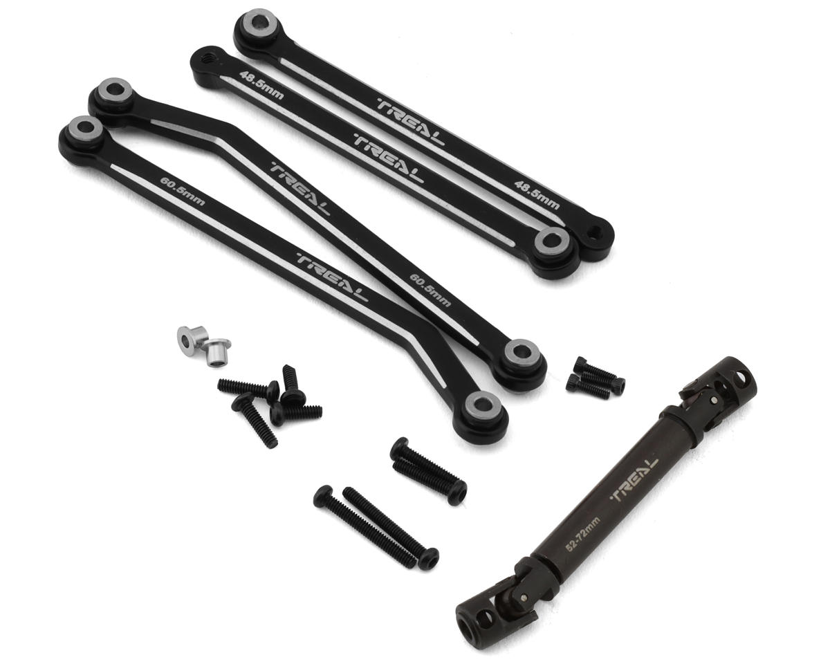 Treal Hobby FCX24 Aluminum Extended Rear Suspension Link Set (Black) (+12mm) w/Steel Driveshaft
