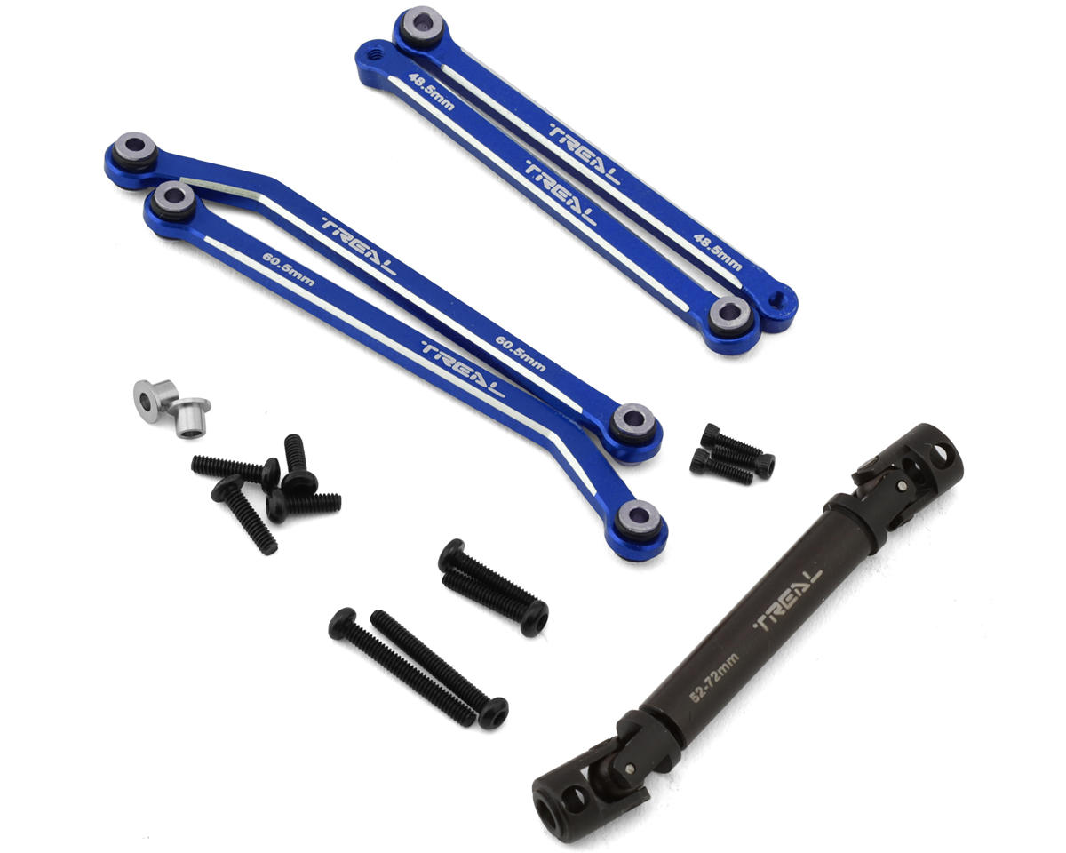 Treal Hobby FCX24 Aluminum Extended Rear Suspension Link Set (Blue) (+12mm) w/Steel Driveshaft