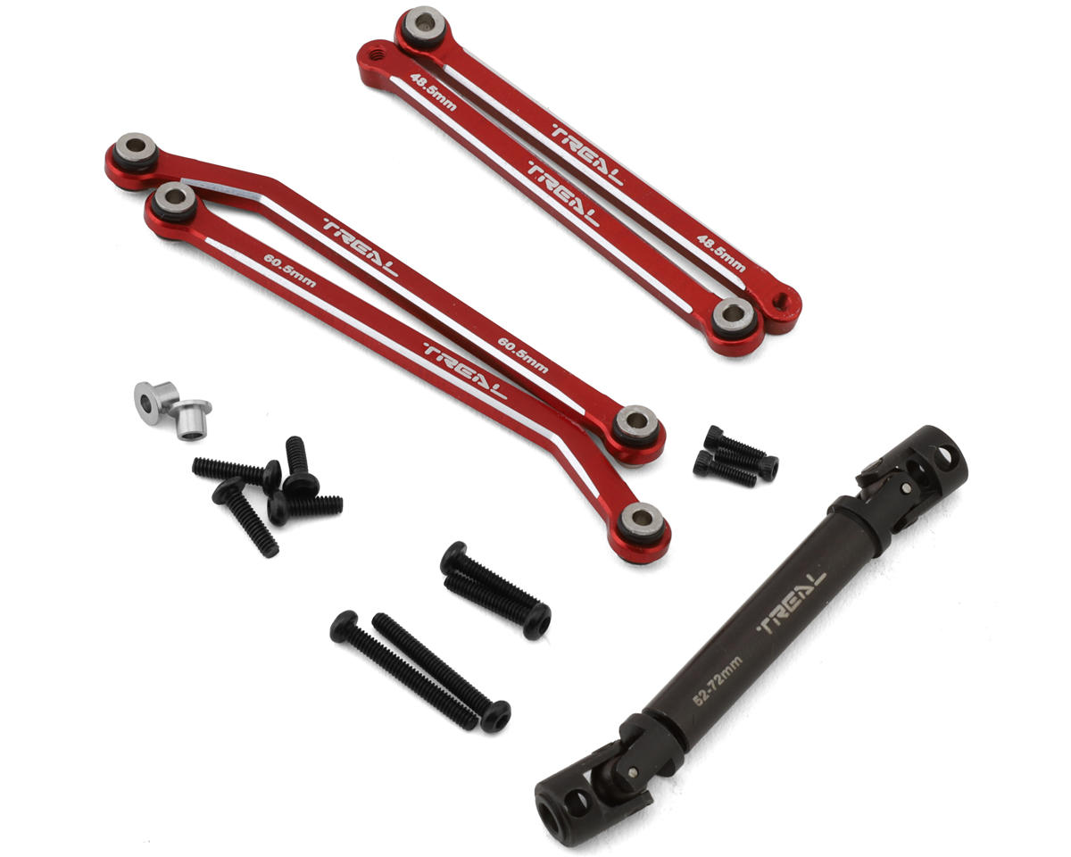 Treal Hobby FCX24 Aluminum Extended Rear Suspension Link Set (Red) (+12mm) w/Steel Driveshaft